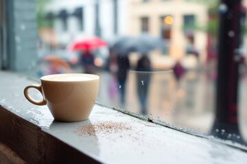 coffee cup on windowsill, blurred street with pedestrians and umbrellas outside - obrazy, fototapety, plakaty