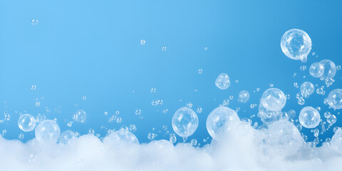 Detergent foam bubble on blue background - obrazy, fototapety, plakaty