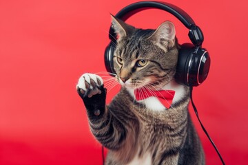 cat with a bowtie tapping its paw to music with headphones