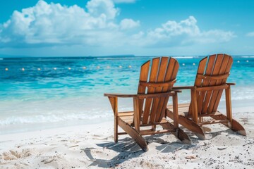 Amidst the peaceful sounds of the crashing waves and warm sun rays, two wooden chairs sit on the sandy beach, inviting us to sit and take in the breathtaking view of the ocean and sky