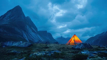 Poster Im Rahmen Wild camping in the Lofoten Islands a lone tent glows with neon light nestled among majestic mountains under a fluorescent sky © BOMB8