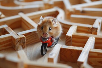 A hamster is navigating a maze by riding a tiny toy bike, showing agility and intelligence in maneuvering through the challenging paths and obstacles set before it. Generative AI
