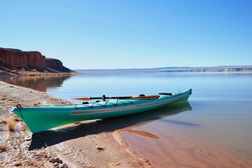 teal kayak on desert lake shore, red cliffs and clear sky