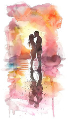 Silhouette of couple kissing in watercolor style