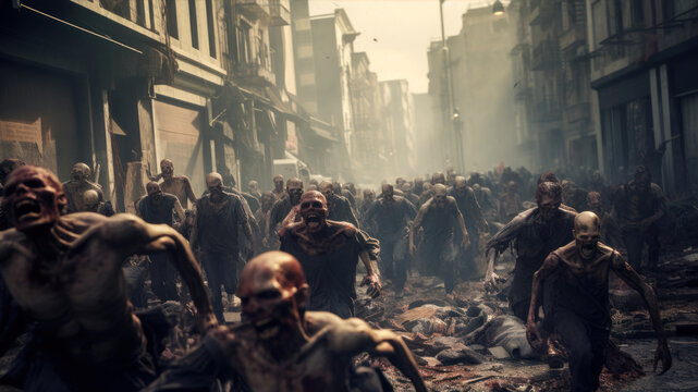 horde of zombies dead walking in a destroyed city after infection with virus and end of the world of the alive people