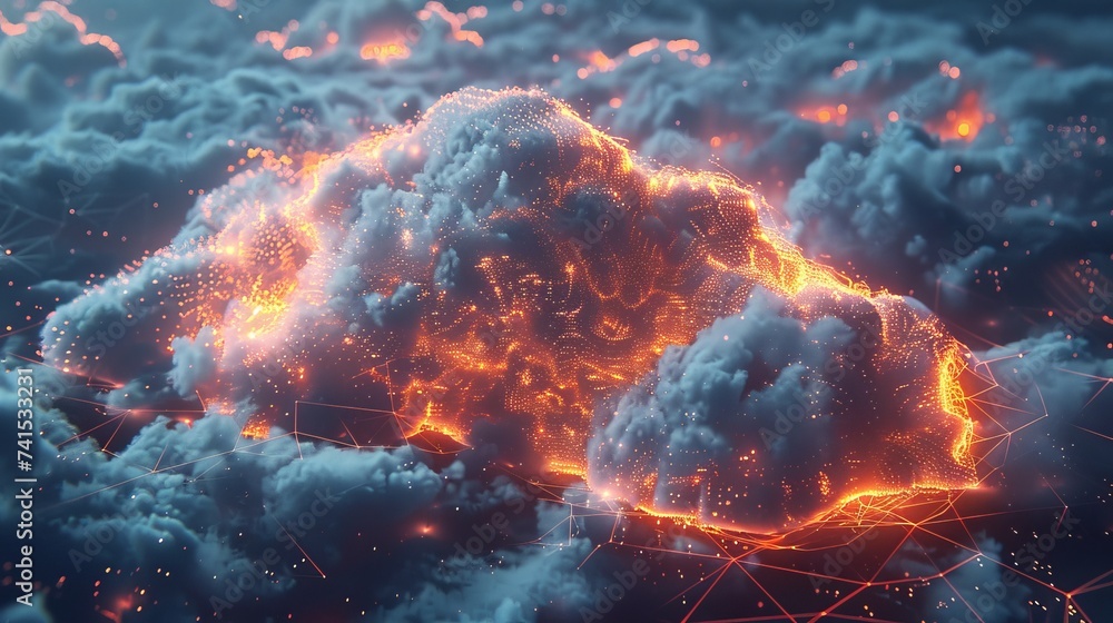 Poster aerial view of a cloud data center with glowing connections, symbolizing the global reach of cloud c
