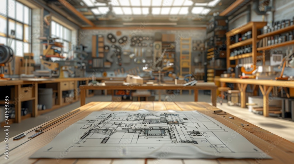 Poster an architectural blueprint lays in focus on a worktable in a well-equipped workshop with various too
