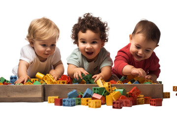 Curious Kids with Blocks Isolated on Transparent Background