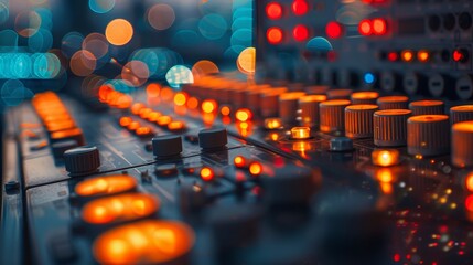 A dynamic view of a sound mixer control surface with blue and orange bokeh highlights, emphasizing studio equipment. - obrazy, fototapety, plakaty