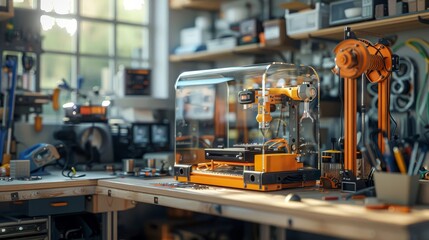 A 3D printer actively creating a component in a robotics workshop filled with various tools and equipment, showcasing innovation in manufacturing. - obrazy, fototapety, plakaty
