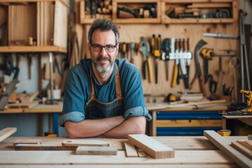 A skilled artisan dressed in rugged clothing gazes intently at his wooden creation, surrounded by the tools of his trade in a dimly lit workshop