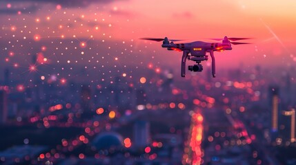 A drone captures the essence of the city at twilight, its camera focused against a backdrop of sparkling city lights creating a bokeh effect. - obrazy, fototapety, plakaty