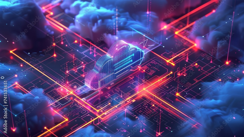 Poster concept art of a decentralized cloud network, exploring the future of distributed computing power