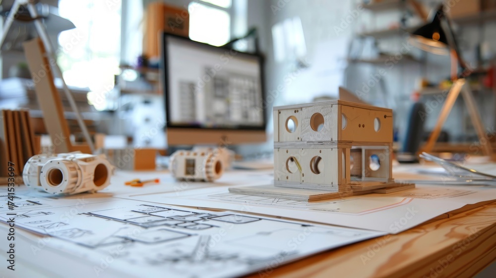 Poster a detailed architectural model sits amidst blueprints and design tools on an architect's workbench, 