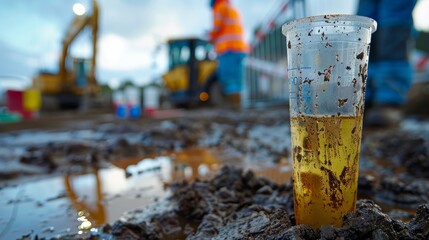 A clear cylinder containing a soil sample stands prominently in a muddy construction site with heavy machinery in the background.