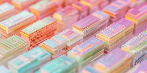 The process of manufacturing microchips. Microchip in trendy candy pastel tones, illustration of conceptual modern technology.