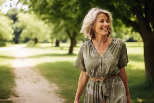 Portrait of happy senior woman walking in the park on summer day