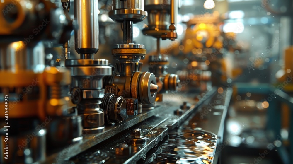 Poster Detailed close-up of precision machine parts on an assembly line, with a focus on gears and mechanical components in a factory setting.
