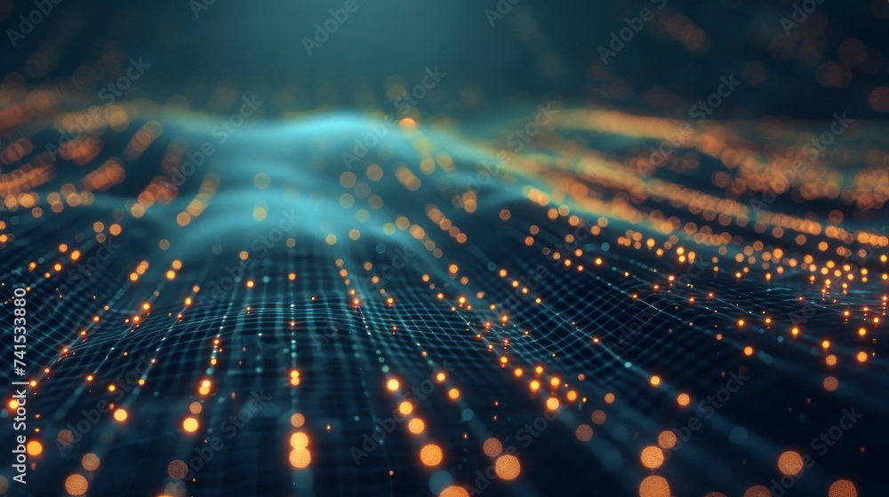 Poster digital landscape of a blue glowing network grid with bright connectivity nodes symbolizing data, te