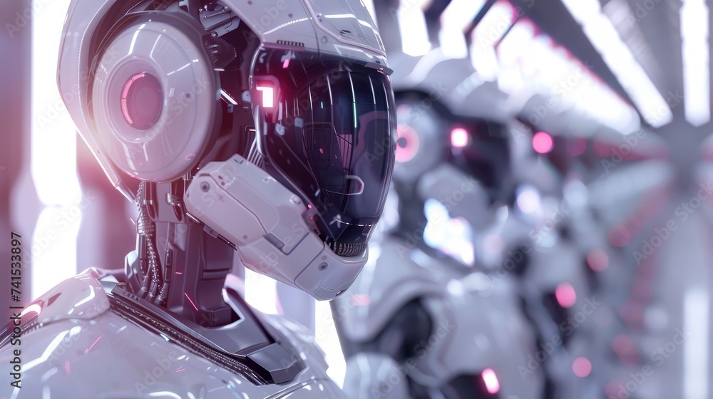 Poster close-up of a humanoid robot's head with a reflective visor, set against a backdrop of similar robot