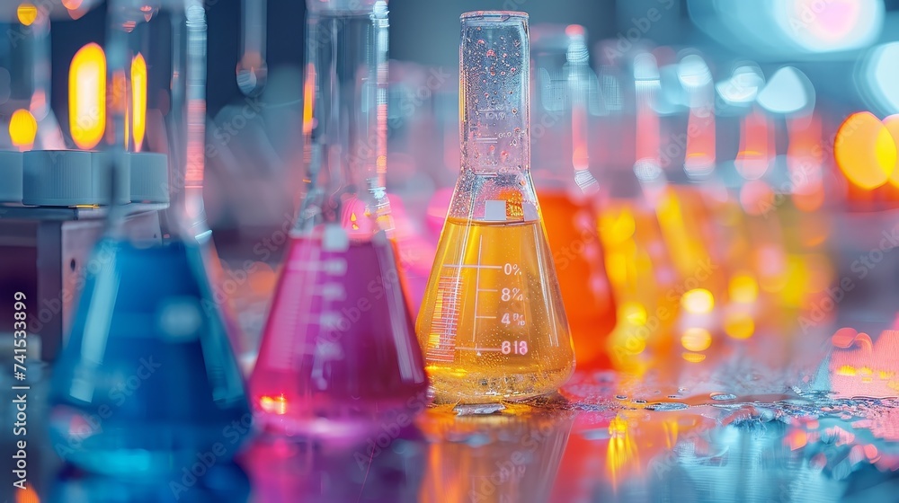 Poster a vibrant science laboratory setting with assorted glassware containing colorful liquids, reflecting