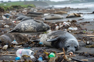 Seals on the Beach Surrounded by Plastic Bottles A Call for Conservation