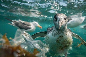 Penguins and Seagull Swimming in Contaminated Water with Trash