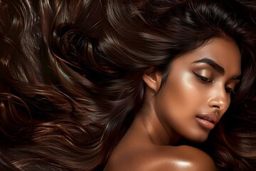 Attractive South Asian female showcasing luxurious glossy hair in portrait setting. Concept Beauty Portrait, Luxurious Hair, South Asian, Female Model, Glamorous Photoshoot