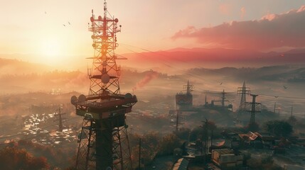 A telecommunication tower beams 5G amid a minimalist ancient world where cyberpunk meets mafia koi and wildfires - obrazy, fototapety, plakaty