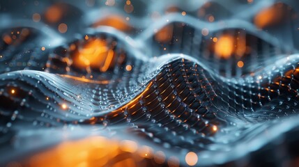 Digital landscape of blue waves on a grid network with warm bokeh lights, depicting advanced technology and connectivity.