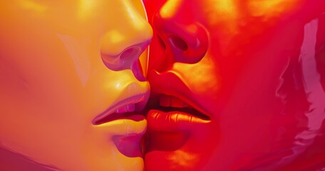 seductive portrait of two young beautiful women with red lips kissing, sexy female lesbian couple kiss, closeup studio shot