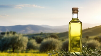 Golden Olive Oil Bottle With Cork on Wooden Table Against Sunlit Olive Grove