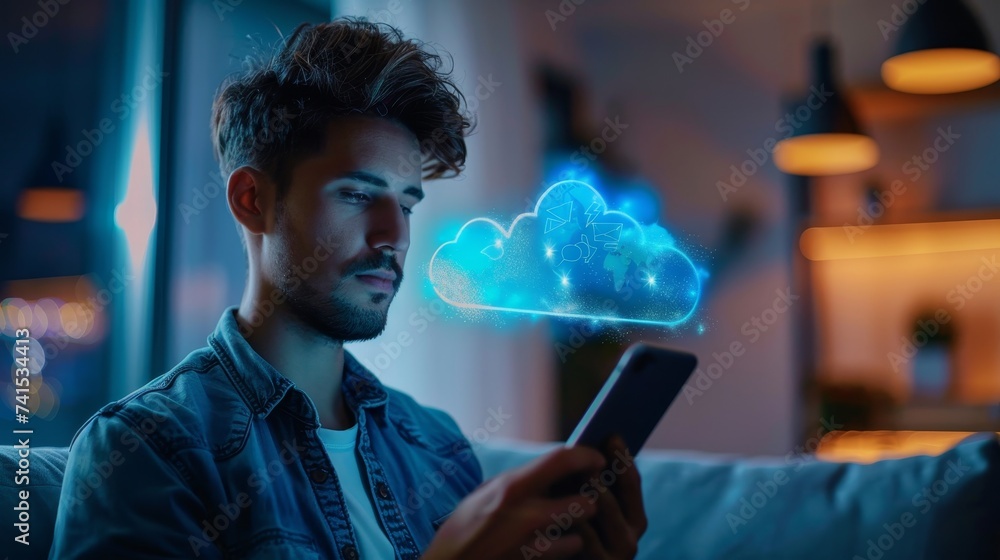 Poster mobile app developer using cloud services for backend support, showcasing the accessibility of cloud