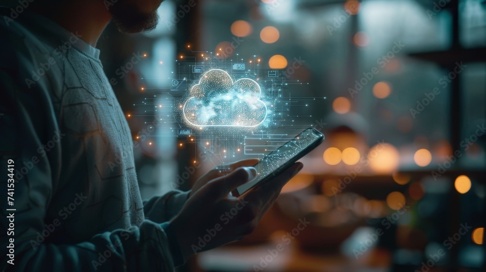 Poster mobile app developer using cloud services for backend support, showcasing the accessibility of cloud