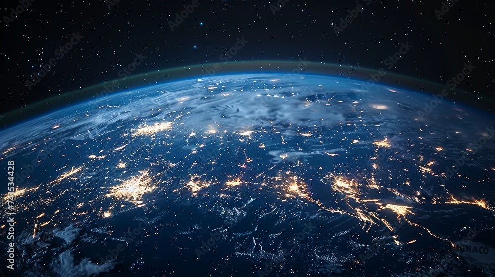 Poster satellite image of earth with cloud connectivity links between continents, illustrating global commu