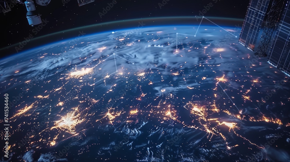Poster satellite image of earth with cloud connectivity links between continents, illustrating global commu