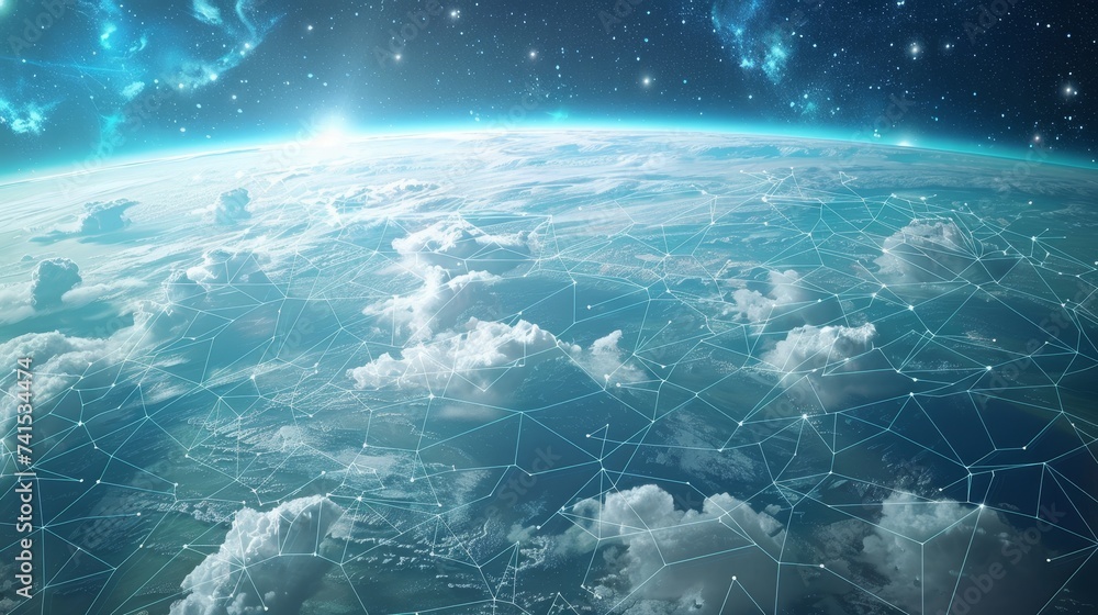 Poster satellite image of earth with cloud connectivity links between continents, illustrating global commu