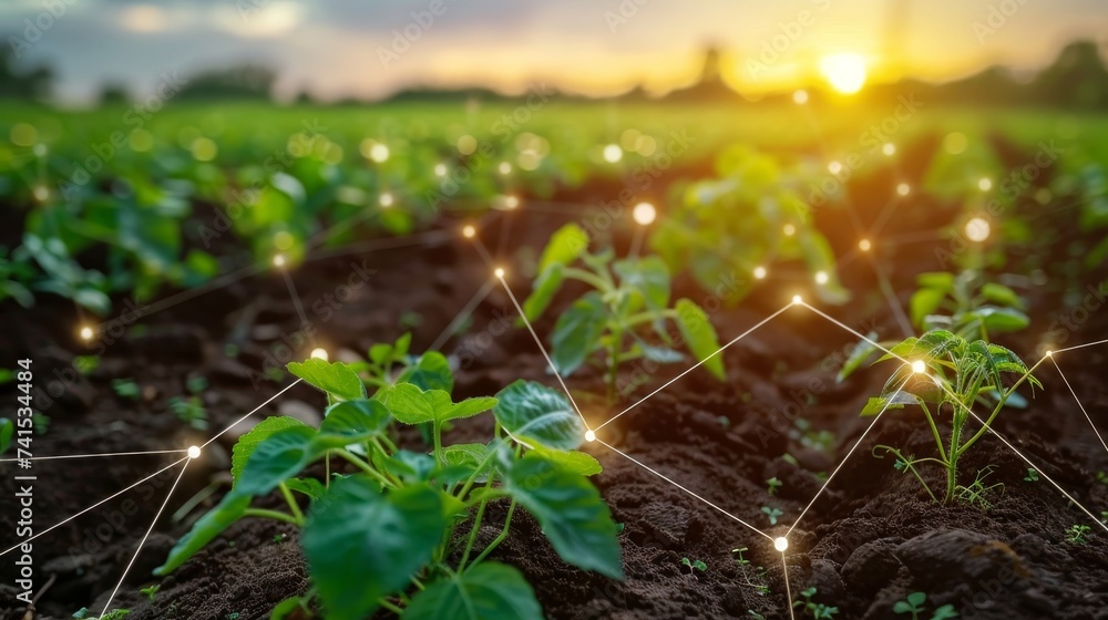 Poster smart agriculture farm using cloud data to optimize resources, representing the impact of cloud tech