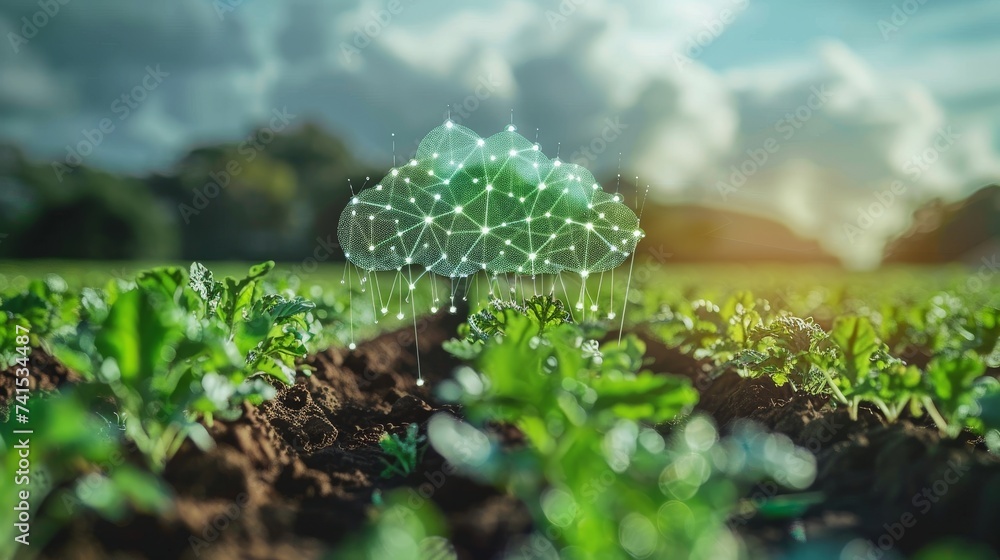 Poster smart agriculture farm using cloud data to optimize resources, representing the impact of cloud tech