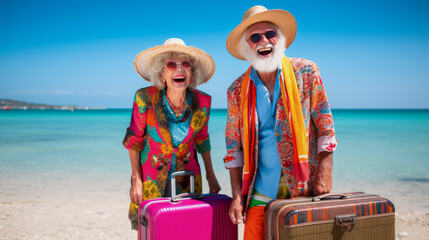 An elderly couple haciendo vacaciones laugh joyously with luggage in hand on a sunny beach. Joyful Senior Couple with Luggage at the Beach