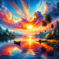 A landscape with water and a colorful sunset, sunset, water, nature, beauty, illustration, Ai generated 