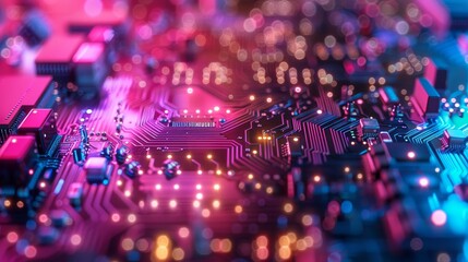 Obraz premium Macro shot of a sophisticated electronic circuit board with neon lights and a futuristic vibe.