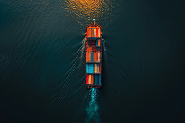 Aerial view of a container ship sailing through the sea