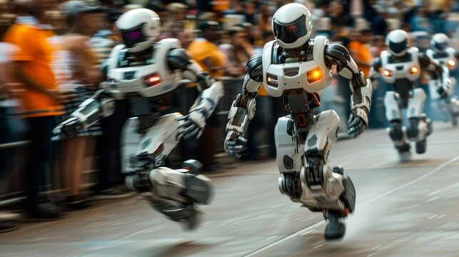 Dynamic image of humanoid robots participating in a marathon, illustrating the intersection of robotics and sports.