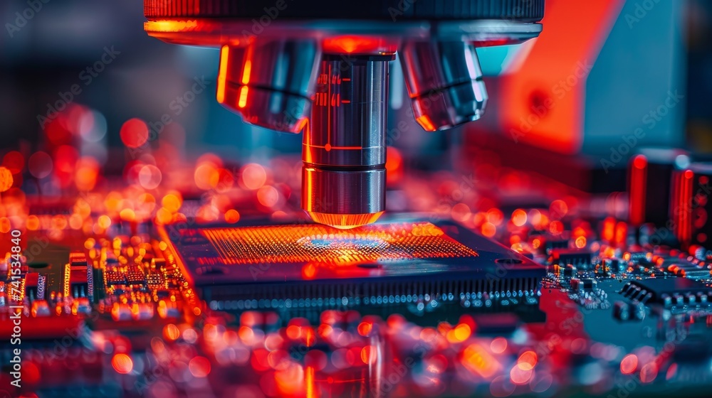 Poster a sophisticated microscope focuses on a microprocessor chip, highlighting intricate technology detai