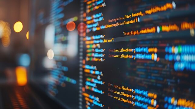 Computer programming code displayed on a monitor, with out-of-focus colorful bokeh lights creating a backdrop, symbolizing digital data processing.