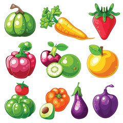 Cartoon vegetables and fruits isolated White background