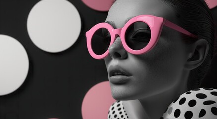 portrait of young woman fashion model in sunglasses on pink background, in style of pop art