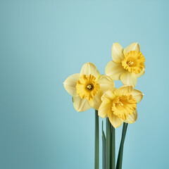 Beautiful fresh yellow daffodil flowers in full bloom on light blue background, close up. Space for text. Spring blossoms. Mother's day. Top view, flat lay.