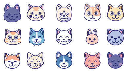 Cat Dog head face. Linear silhouette icon set. Co